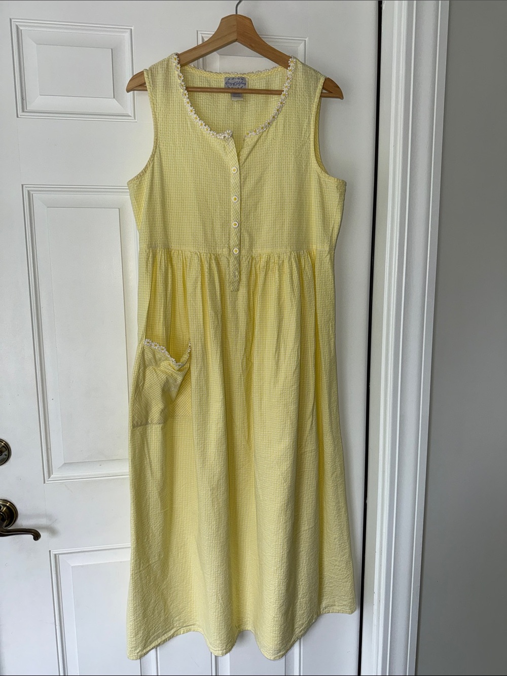 Lanz of Salzburg Butter Yellow Sleeveless Nightgown, Seersucker, Stripes, Cotton